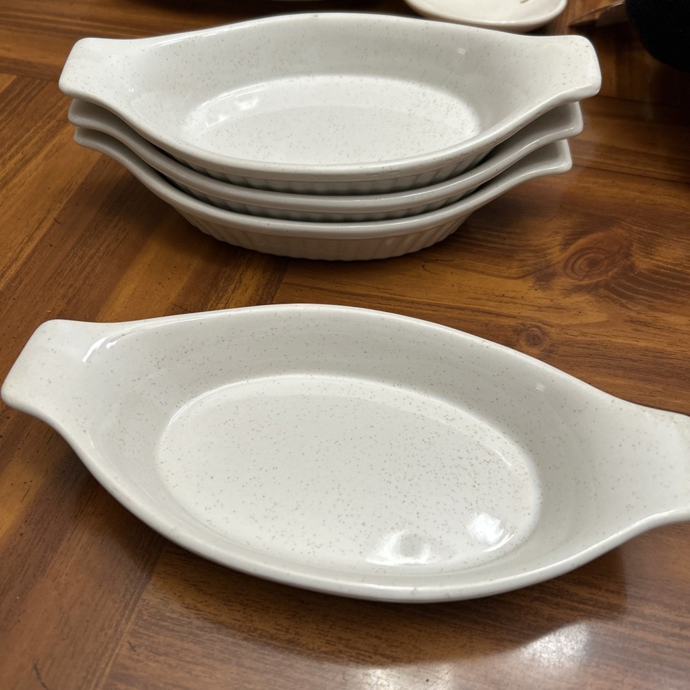VTG Au Gratin Handled Baking Dishes Oven Proof Japan Bakeware White Set 4 Speckl